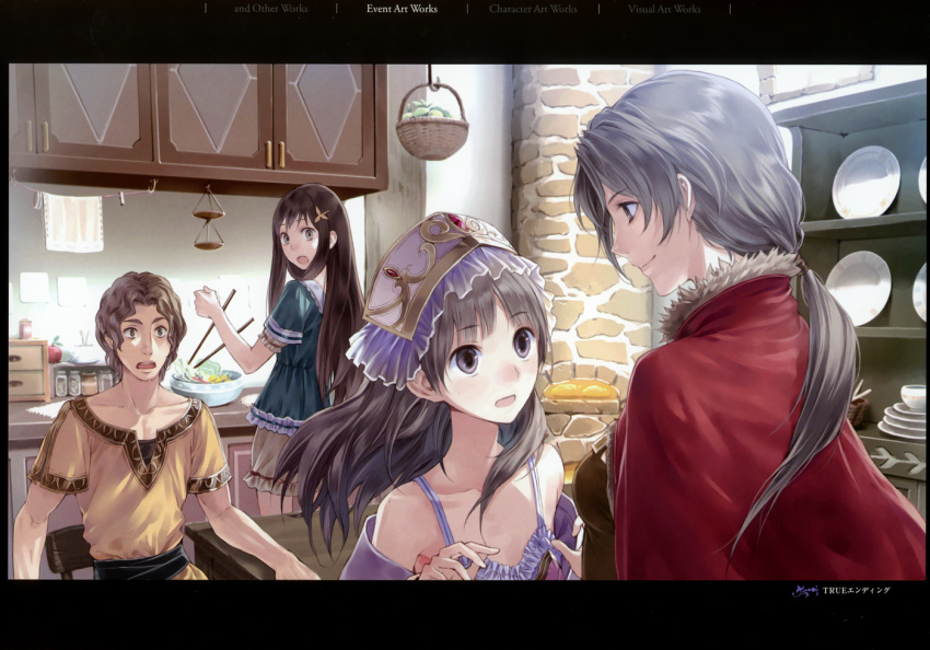 1boy 3girls atelier_(series) atelier_totori brown_eyes brown_hair cecilia_helmold family gisela_helmold guid_helmold hairband kishida_mel long_hair mother_and_daughter multiple_girls official_art ponytail shirt skirt smile spoilers surprised totooria_helmold