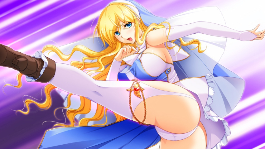 ass blonde_hair blue_eyes blush breasts female frill frills gakuen_taima game_cg hijirigaoka_lisa kicking large_breasts legs_up legwear long_hair open_mouth panties shoes solo stocking thighhighs underwear