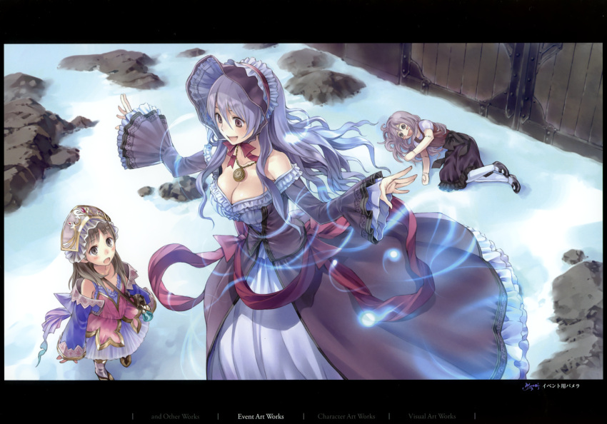 2girls atelier_(series) atelier_totori bare_shoulders blue_sleeves blush bonnet boots bow breasts brown_eyes brown_hair cleavage dress ghost hairband jewelry kishida_mel long_hair medium_breasts multiple_girls necklace official_art pamela_ibiss purple_hair ribbon skirt smile totooria_helmold waist_bow