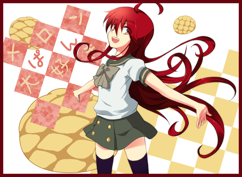 bread commentary_request female food long_hair melon_bread mokkei outstretched_arms red_eyes red_hair school_uniform serafuku shakugan_no_shana shana solo spread_arms thighhighs