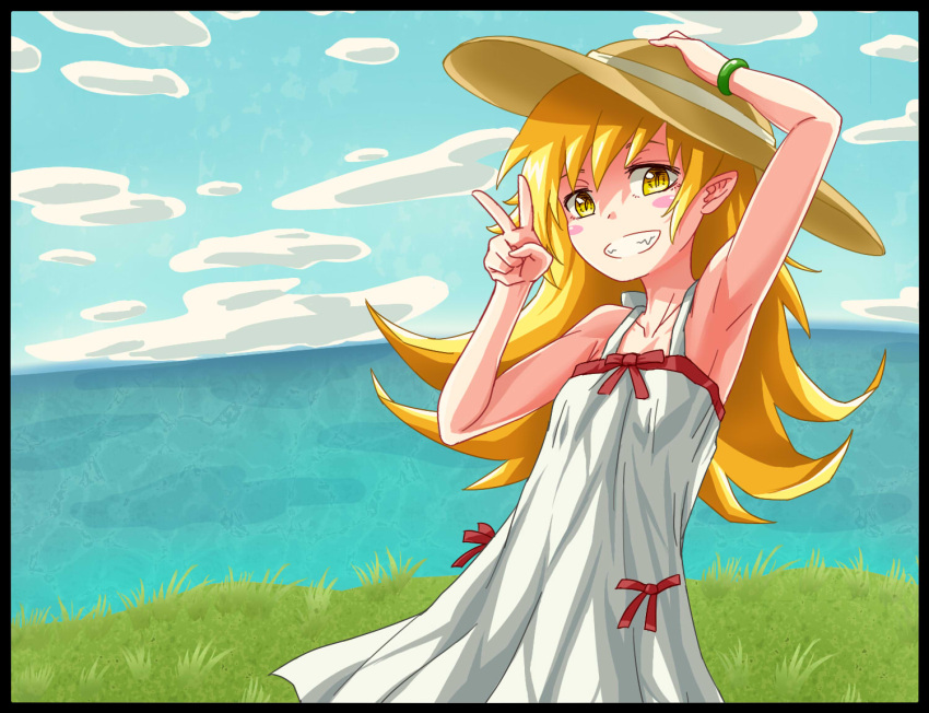 191karasu armpits bad_id bad_pixiv_id bare_shoulders black_border blonde_hair blush_stickers border bracelet cloud day dress female grin hand_on_headwear hat jewelry long_hair monogatari_(series) nisemonogatari oerba_yun_fang oshino_shinobu pointy_ears sky smile solo sun_hat sundress v yellow_eyes