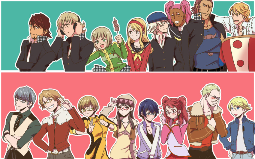 6+boys 6+girls amagi_yukiko amagi_yukiko_(cosplay) antonio_lopez antonio_lopez_(cosplay) barnaby_brooks_jr. barnaby_brooks_jr._(cosplay) commentary_request cosplay costume_switch crossover dango food hanamura_yousuke hanamura_yousuke_(cosplay) houndstooth huang_baoling ivan_karelin ivan_karelin_(cosplay) jacket kaburagi_t._kotetsu kaburagi_t._kotetsu_(cosplay) karina_lyle karina_lyle_(cosplay) keith_goodman keith_goodman_(cosplay) kujikawa_rise kujikawa_rise_(cosplay) kuma_(persona_4) kuma_(persona_4)_(cosplay) multiple_boys multiple_girls narukami_yuu narukami_yuu_(cosplay) nathan_seymour nathan_seymour_(cosplay) persona persona_4 sakazakimay satonaka_chie satonaka_chie_(cosplay) school_uniform shirogane_naoto shirogane_naoto_(cosplay) tatsumi_kanji tatsumi_kanji_(cosplay) tiger_&_bunny unmoving_pattern wagashi wavy_mouth