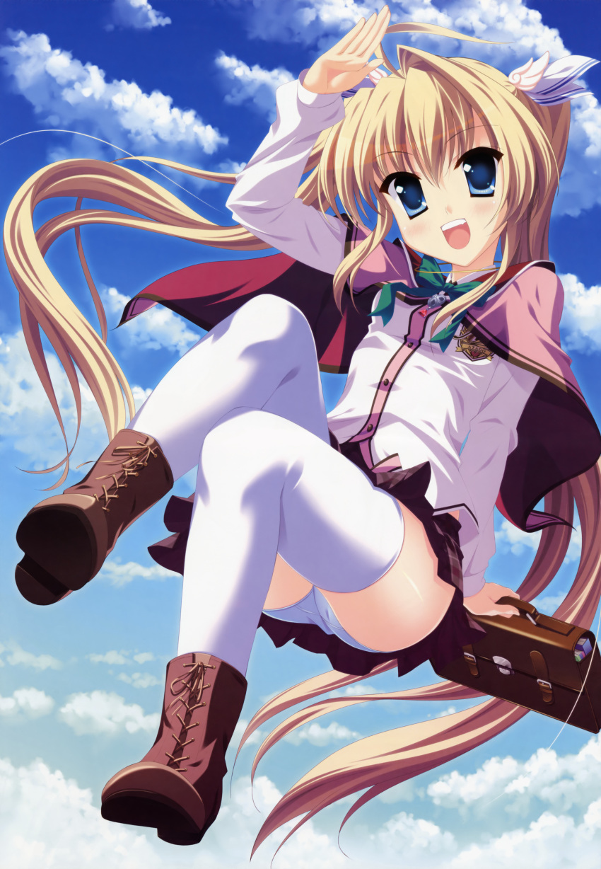 :d absurdres angel_ring bag blonde_hair blue_eyes boots capelet cross-laced_footwear female highres mika_alsted_heine open_mouth panties school_uniform smile thighhighs twintails underwear white_legwear white_panties yamakaze_ran