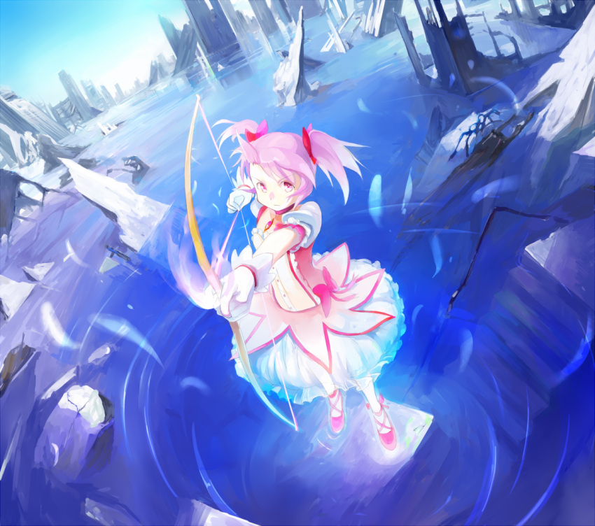 arrow_(projectile) blue_sky bow bow_(weapon) bubble_skirt choker commentary_request day drawing_bow female flood gloves glowing glowing_weapon hairbow holding holding_arrow holding_bow_(weapon) holding_weapon jewelry kaname_madoka kaname_madoka_(magical_girl) kyokucho looking_at_viewer magical_girl mahou_shoujo_madoka_magica mahou_shoujo_madoka_magica_(anime) outstretched_arm panties partially_immersed pendant petticoat pink_eyes pink_hair pink_skirt puffy_sleeves ruins short_hair short_sleeves short_twintails skirt sky solo twintails underwear water weapon white_gloves