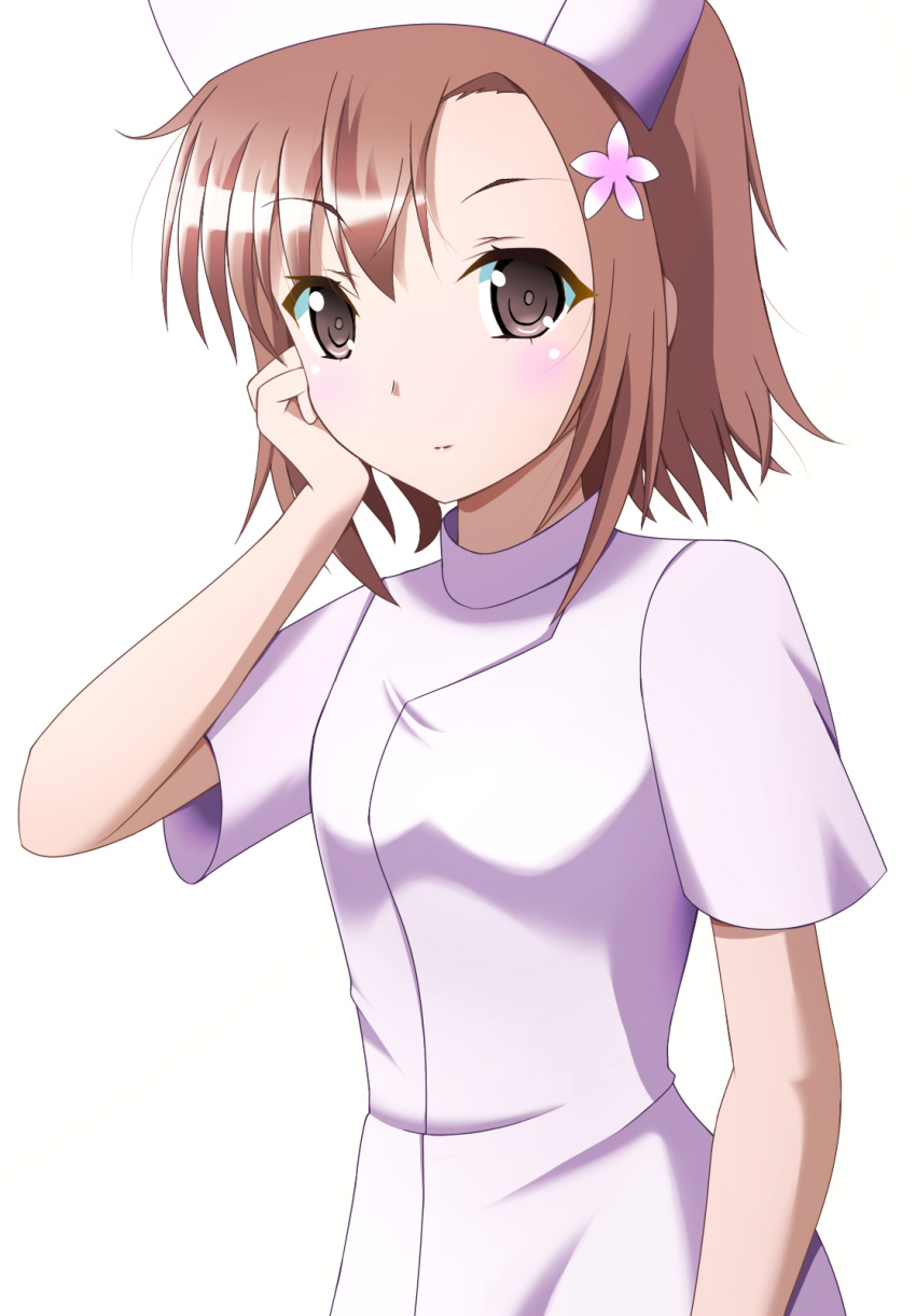 bad_id bad_pixiv_id blush boku_wa_tomodachi_ga_sukunai brown_eyes brown_hair female flower hair_flower hair_ornament hand_on_own_face hat highres kanade1631 kusunoki_yukimura nurse nurse_cap short_hair short_sleeves solo white_background