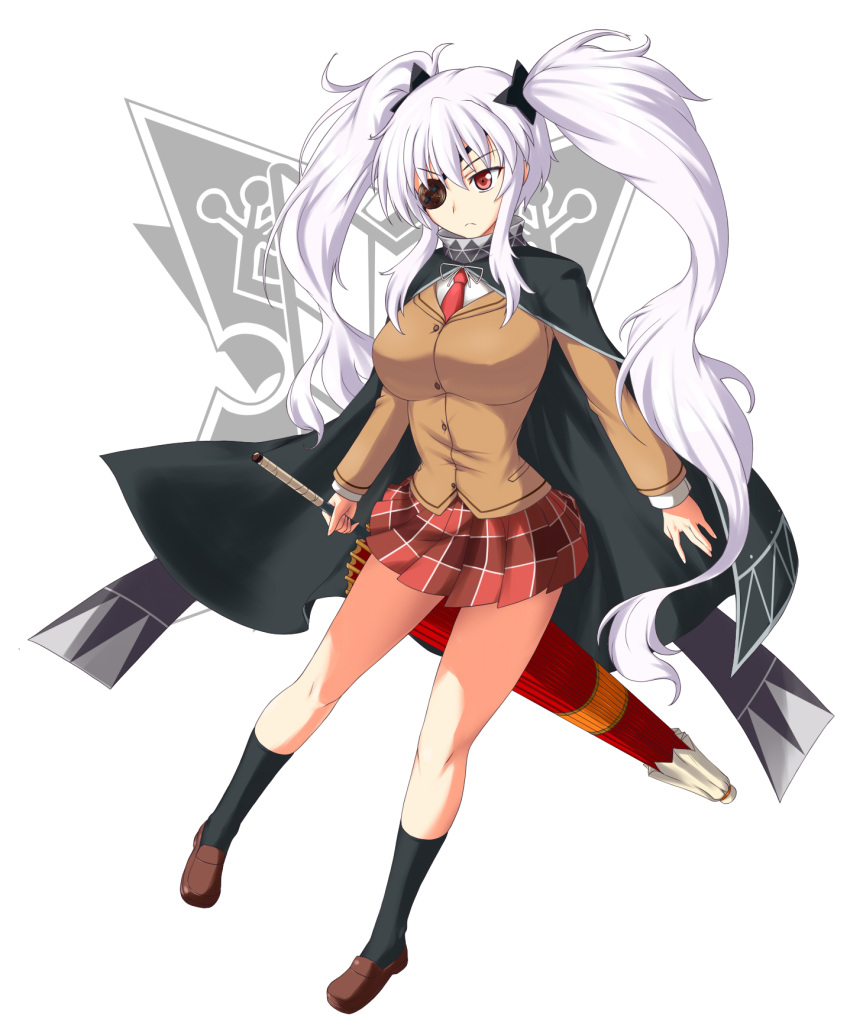 black_socks breasts cape commentary_request eyepatch female frown hair_ornament highres large_breasts long_hair nishiumi_yuuta oil-paper_umbrella red_eyes school_uniform senran_kagura senran_kagura_shoujo-tachi_no_shin'ei shuriken socks solo twintails umbrella very_long_hair weapon white_hair yagyu_(senran_kagura)