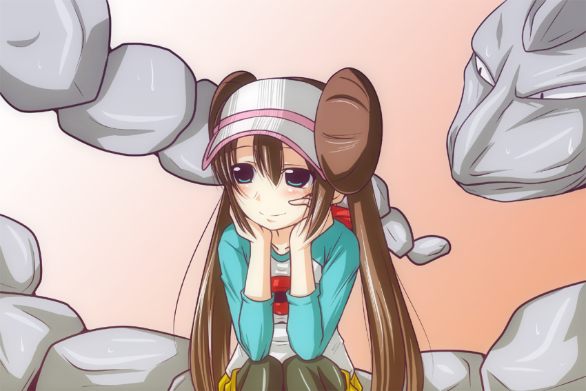 blush brown_hair commentary_request double_bun female green_eyes hair_bun long_hair nishi_koutarou onix painttool_sai_(medium) pantyhose pokemon pokemon_(creature) pokemon_bw2 rosa_(pokemon) twintails visor_cap