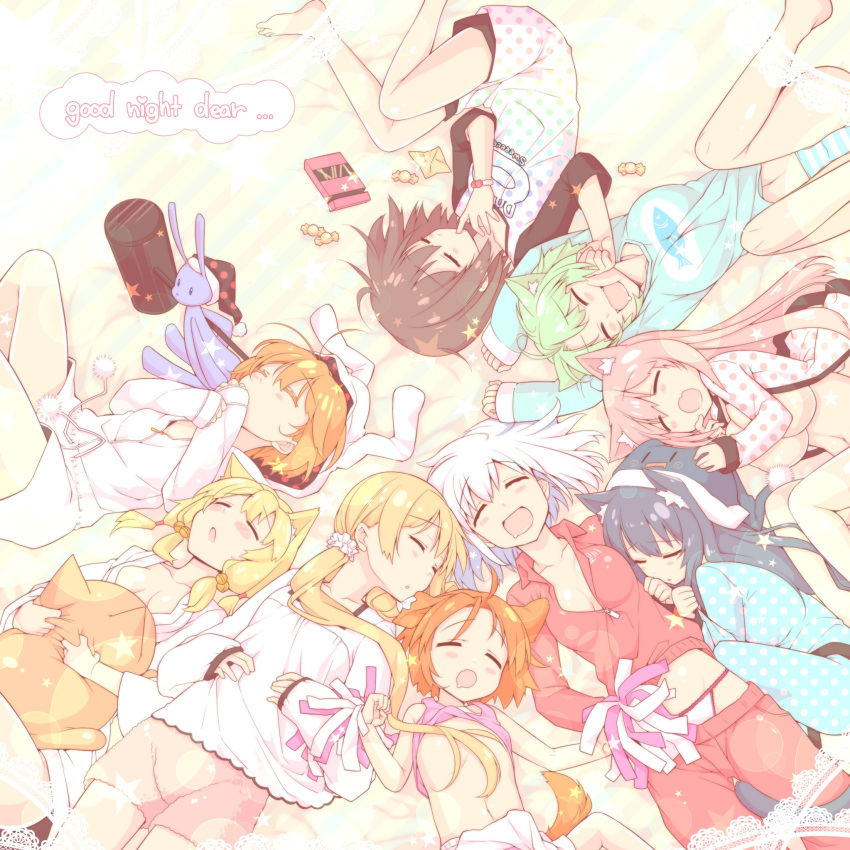 1boy 6+girls :d :o ^_^ akane_(goma) animal_ears arms_up barefoot bell blonde_hair blue_hair blush borrowed_character brown_hair candy cat_ears closed_eyes clothes_lift colorful commentary_request dog_ears dog_tail english_text food giuniu green_hair hair_bell hair_ornament hat highres hood hoodie hoshikawa_yuma_(peach-tea) kuu_(agekichi) long_hair lying meiko_(inuarashi) mia_flatpaddy morinaga_koeda multiple_girls navel nekojirou nightcap oerba_yun_fang on_back on_side open_clothes open_mouth open_shirt orange_hair original otoko_no_ko pajamas pajamas_pull panties pink_hair polka_dot polka_dot_pajamas sharon_(dodomayo) shia_flatpaddy shirt shirt_lift short_hair sleeping smile souta_(goma) star_(symbol) striped_clothes striped_panties stuffed_animal stuffed_rabbit stuffed_toy tail ten'inkou_korin twintails underwear white_hair white_panties