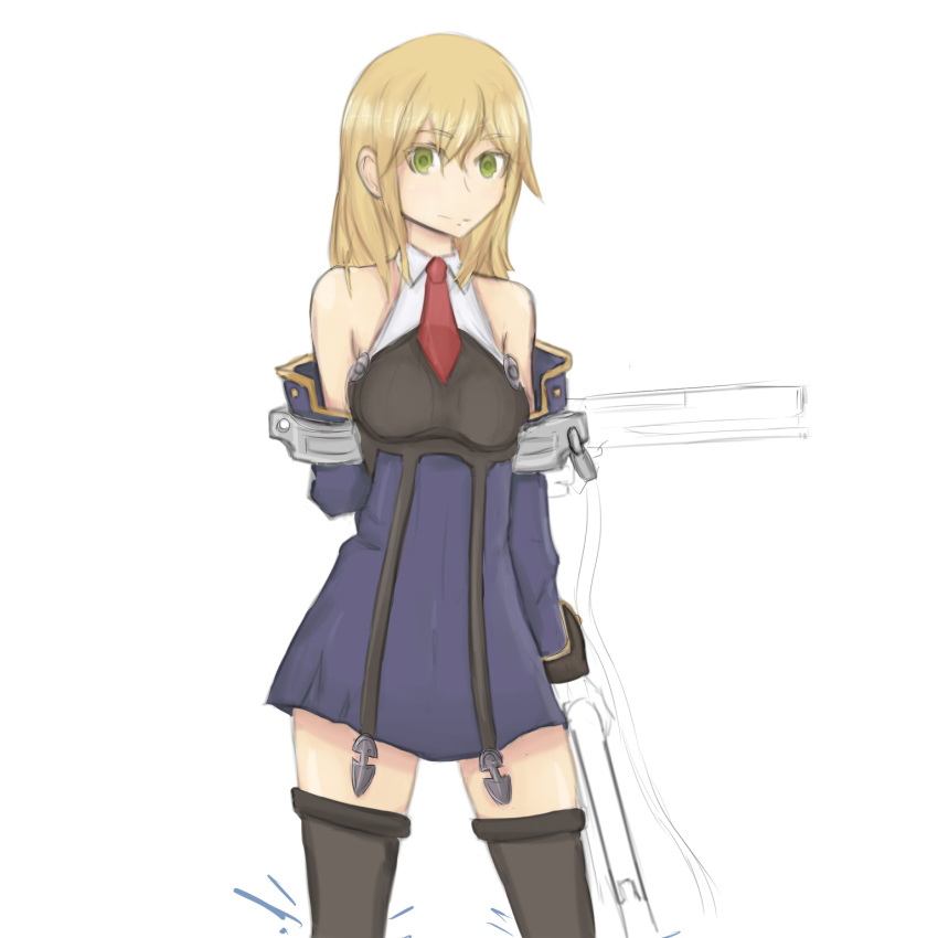 arm_behind_back bad_link bare_shoulders black_thighhighs blazblue blonde_hair bolverk detached_sleeves drawfag dress dual_wielding female gloves green_eyes gun hair_down handgun highres holding long_hair necktie noel_vermillion short_dress smile solo thighhighs weapon