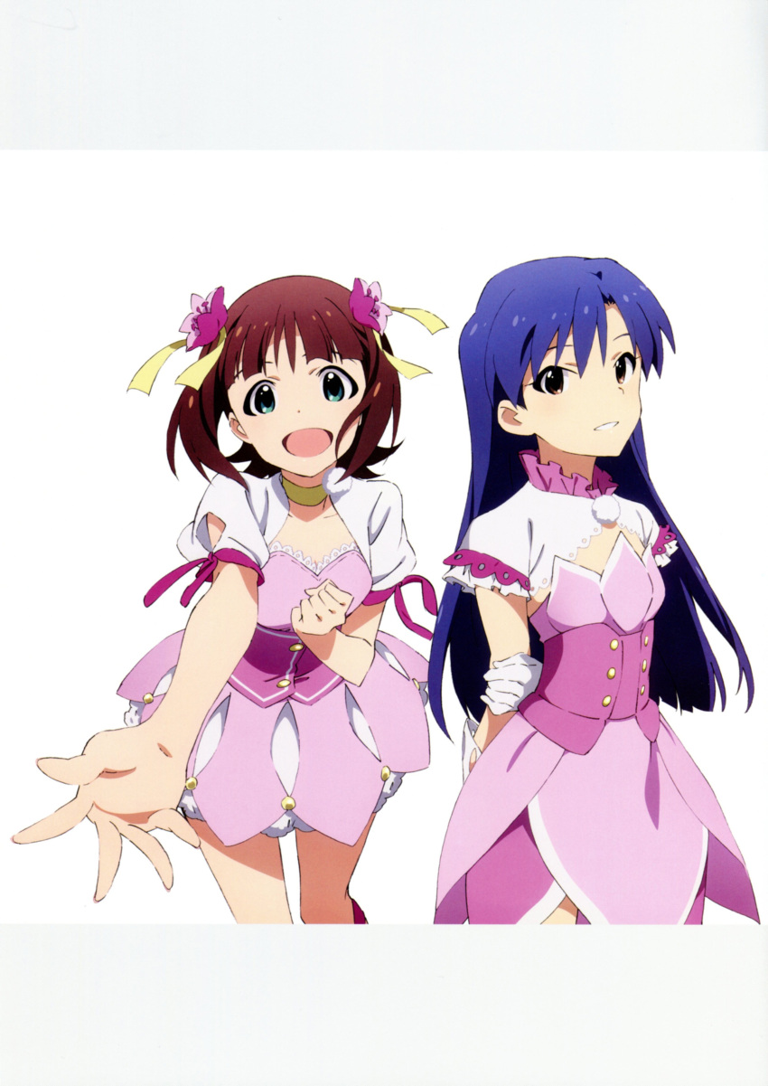 2girls absurdres amami_haruka arm_behind_back blue_hair brown_hair dark_blue_hair dress gloves hair_ribbon highres idolmaster idolmaster_(classic) iizuka_haruko kisaragi_chihaya long_hair looking_at_viewer multiple_girls official_art outstretched_arm pink_dress ribbon white_background white_gloves