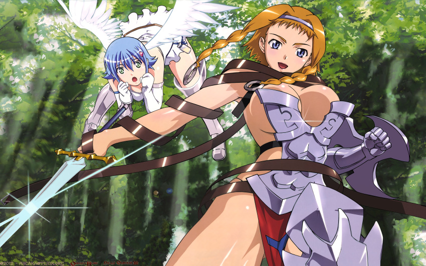 2girls absurdres angel_of_light_nanael armor armored_boots blue_eyes blue_hair boots braid breasts brown_hair cleavage copyright_name dated dress elbow_gloves exiled_warrior_leina forest gloves green_eyes highres holding holding_sword holding_weapon large_breasts leina_(queen's_blade) looking_at_viewer multiple_girls nanael_(queen's_blade) nature open_mouth outdoors photoshop_(medium) queen's_blade shield short_hair short_hair_with_long_locks side_braid sideboob signature sword twin_braids weapon white_dress white_gloves white_wings wings