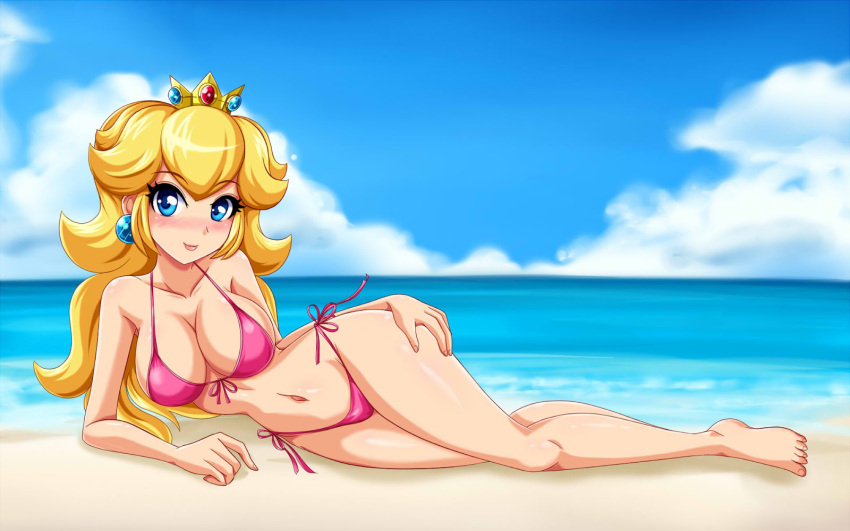 beach bikini blonde_hair blue_eyes bra breasts brush closed_mouth crown curvy earrings happy highres jewelry large_breasts lips long_hair navel nintendo on_floor photoshop princess princess_peach sexually_suggestive sigurd_hosenfeld sigurdhosenfeld solo super_mario_bros. swimsuit underwear