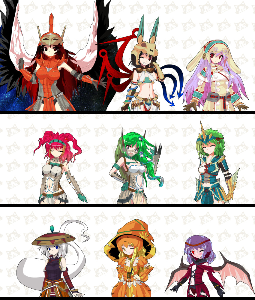 6+girls ^_^ agnaktor_(armor) alphes_(style) alternate_costume animal_ears armor bare_shoulders barioth_(armor) bat_wings blonde_hair blue_eyes blush bone_armor_(monster_hunter) breasts cape capelet choker cleavage closed_eyes commentary_request crossover elbow_gloves felyne frog_hair_ornament gauntlets gigginox_(armor) gloves green_hair grin hair_bobbles hair_ornament hair_tubes hands_on_own_hips hat headband helmet highres houjuu_nue kaoru_(gensou_yuugen-an) kazami_yuuka kirisame_marisa kochiya_sanae konpaku_youmu konpaku_youmu_(ghost) lagombi_(armor) light_purple_hair long_hair mask medium_breasts monster_hunter_(series) mosgharl_(armor) mouth_mask multicolored_hair multiple_girls navel no_headwear one_eye_closed onozuka_komachi parody purple_hair rabbit_ears red_eyes red_hair reisen_udongein_inaba reiuji_utsuho remilia_scarlet short_hair smile snake spikes star-shaped_pupils star_(symbol) style_parody symbol-shaped_pupils touhou two_side_up white_hair wings yellow_eyes yukumo_(armor) zinogre_(armor)