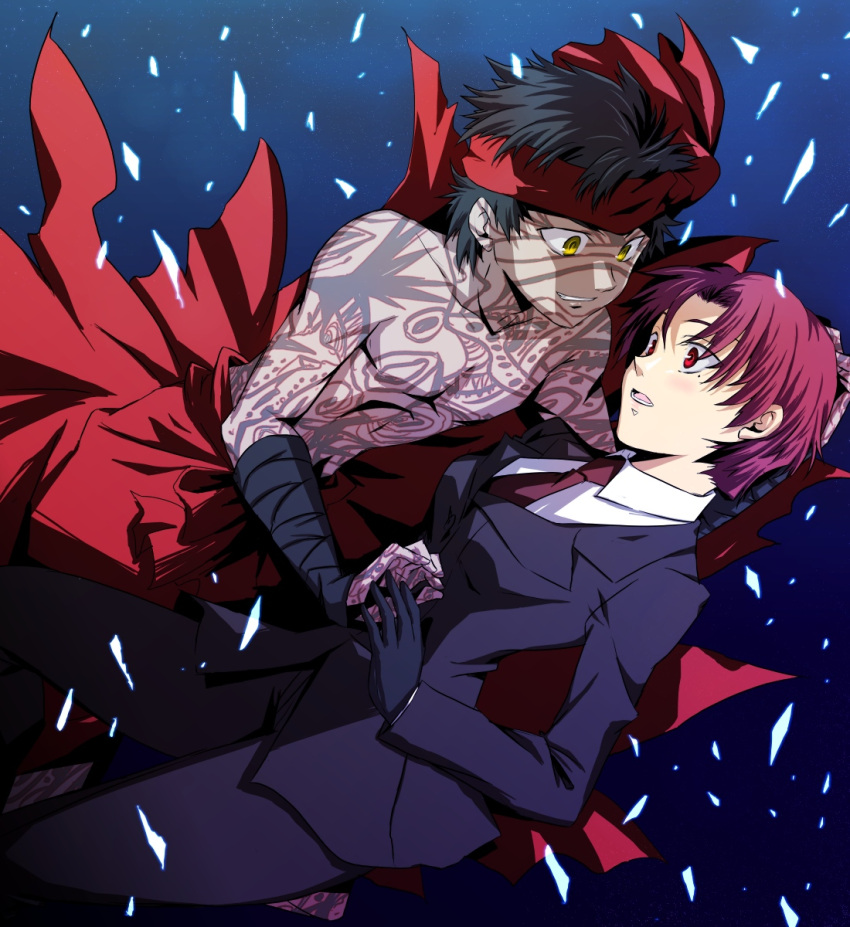 1boy akiha_(ominaeshi) angra_mainyu_(fate) bad_id bad_pixiv_id bandana bazett_fraga_mcremitz black_hair fate/hollow_ataraxia fate_(series) female formal full-body_tattoo gloves headband highres inverted_moon_of_the_heavens pant_suit pants purple_hair red_eyes short_hair suit tattoo topless_male yellow_eyes