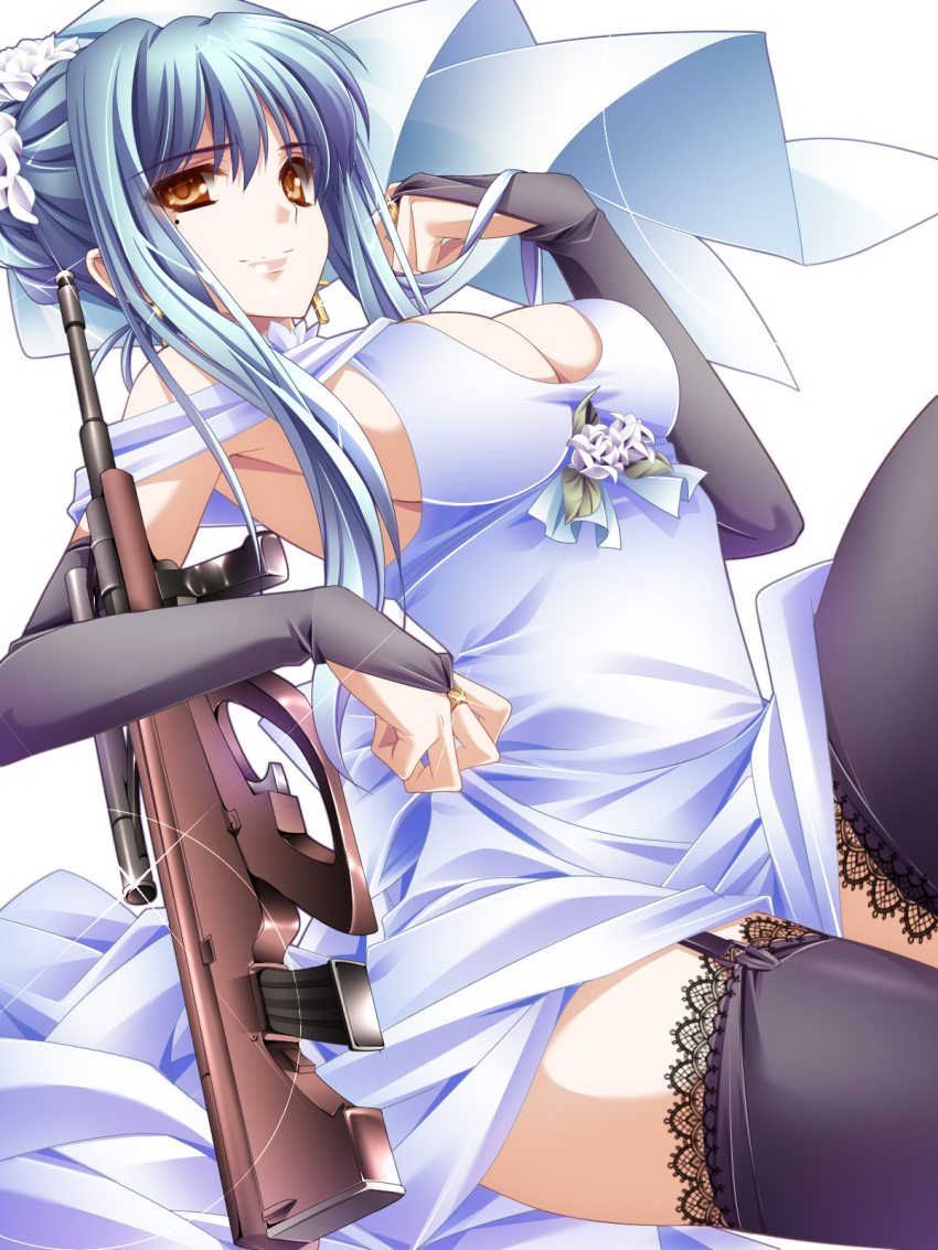 assault_rifle black_thighhighs blue_hair breasts bridal_gauntlets bullpup cleavage commentary_request earrings female garter_straps gun highres jewelry lace lace-trimmed_legwear lace_trim large_breasts monety orange_eyes original photoshop_(medium) rifle solo steyr_aug thighhighs veil weapon