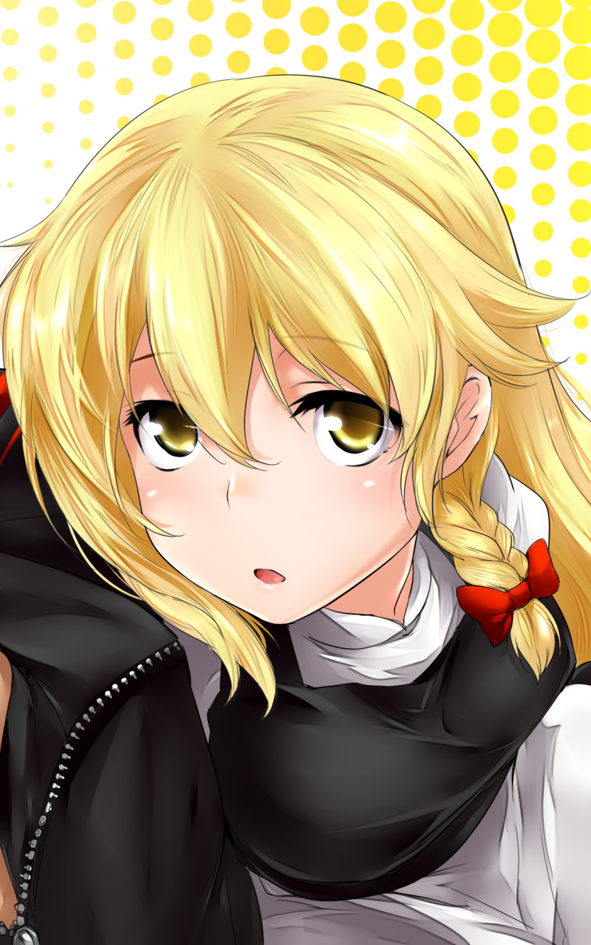 blonde_hair blush bow braid breasts close-up commentary_request female hair_ribbon hairbow highres k2isu kirisame_marisa long_hair looking_at_viewer medium_breasts no_headwear out_of_frame photoshop_(medium) ribbon side_braid single_braid solo_focus straight touhou