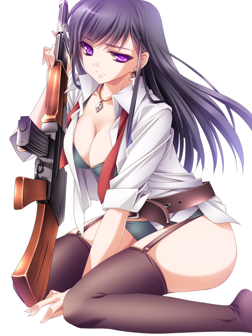 airsoft ak-47 assault_rifle belt black_hair black_thighhighs bra breasts cleavage commentary_request cross cross_earrings earrings female garter_straps green_bra green_panties gun highres jewelry kalashnikov_rifle large_breasts monety necklace necktie open_clothes open_shirt original panties photoshop_(medium) purple_eyes rifle shirt sitting solo thighhighs underwear unworn_necktie wariza weapon