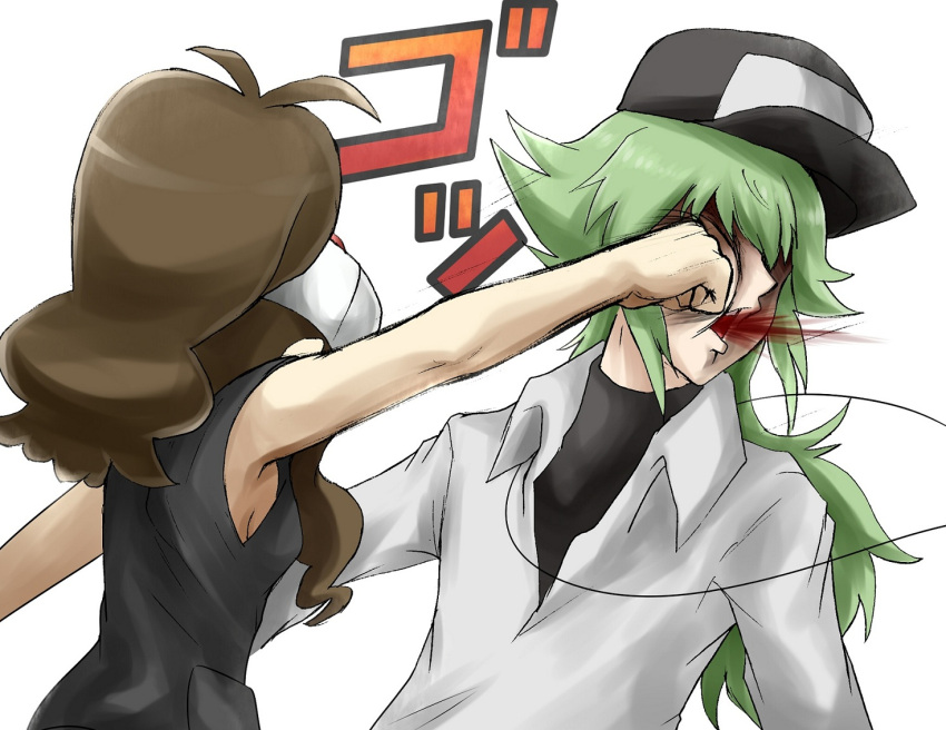 1boy blood brown_hair female from_behind green_hair hat n_(pokemon) pokemon pokemon_(game) pokemon_bw punch punching simple_background touko_(pokemon) turizao white_background