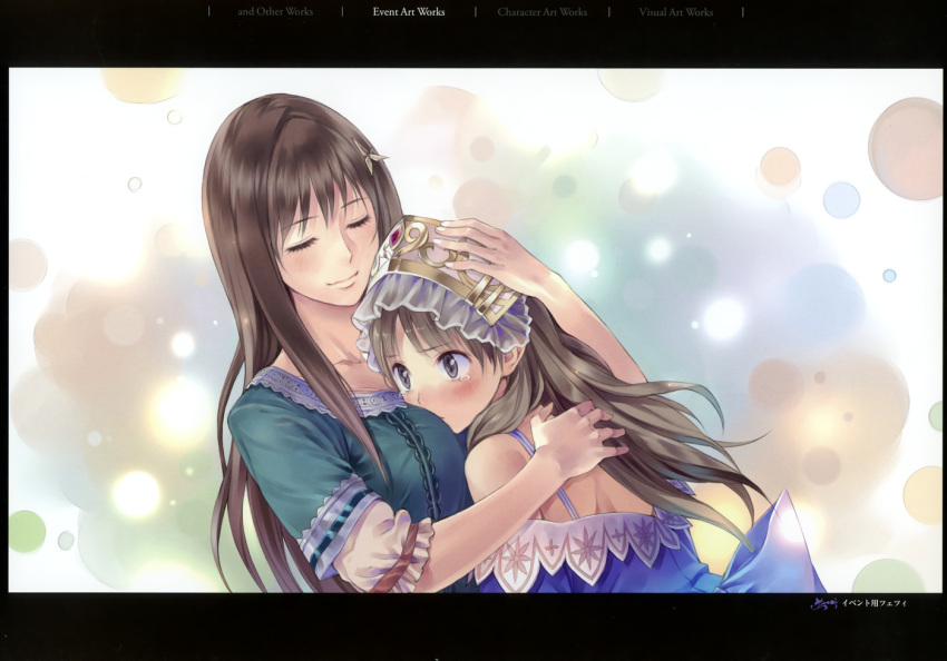 2girls atelier_(series) atelier_totori blush breasts brown_eyes brown_hair cecilia_helmold closed_eyes hug kishida_mel long_hair medium_breasts multiple_girls official_art siblings sisters smile tears totooria_helmold