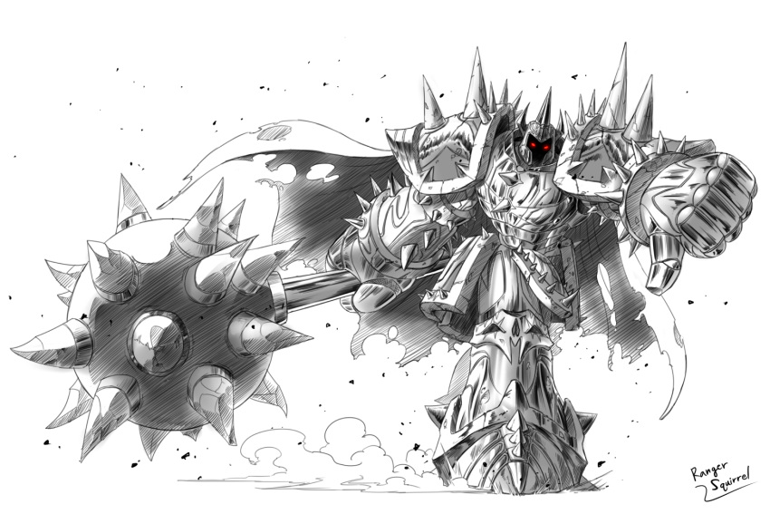 1boy armor cape commentary_request glowing glowing_eyes greyscale helmet korean_commentary league_of_legends mace male_focus monochrome mordekaiser no_pupils ranger_squirrel red_eyes signature solo spikes spot_color thumbs_down weapon