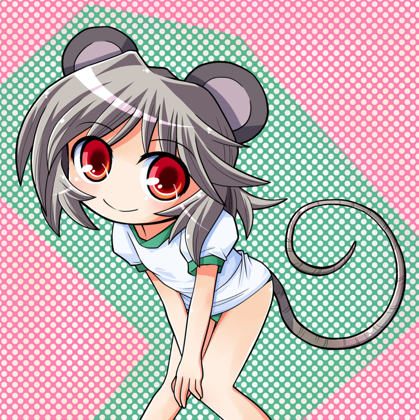 alternate_costume animal_ears ayumi_tooru buruma chibi commentary_request female green_buruma grey_hair gym_uniform highres mouse_ears mouse_tail nazrin puffy_sleeves red_eyes short_hair short_sleeves smile solo tail touhou