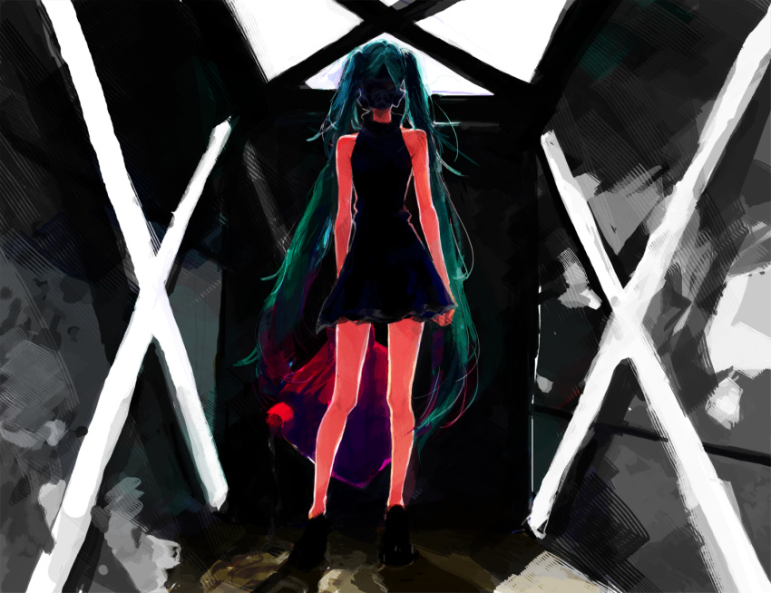 arm_behind_back backlighting bad_id bad_pixiv_id black_dress can commentary dirt_floor dress female gas_can gas_mask gasoline green_hair hatsune_miku holding holding_can horror_(theme) indoors legs long_hair mask mitsui photoshop_(medium) room short_dress sleeveless sleeveless_dress solo surreal twintails very_long_hair vocaloid