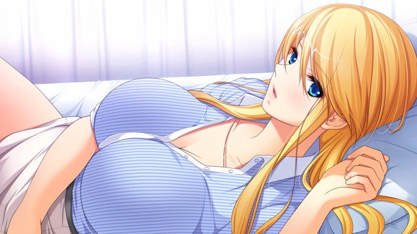 bed blonde_hair blue_eyes breasts cleavage collar female frill frills gakuen_taima game_cg hijirigaoka_lisa indoors large_breasts long_hair looking_at_viewer lying lying_down pillow solo