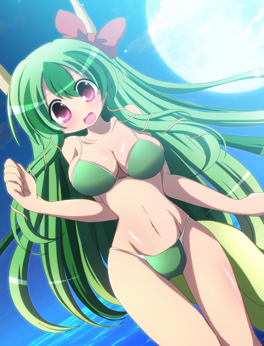 bikini breasts commentary_request ex-keine female full_moon geo_(yukishitadou) green_bikini green_hair highres horn_ornament horn_ribbon horns kamishirasawa_keine large_breasts long_hair moon open_mouth red_eyes ribbon solo swimsuit tail touhou