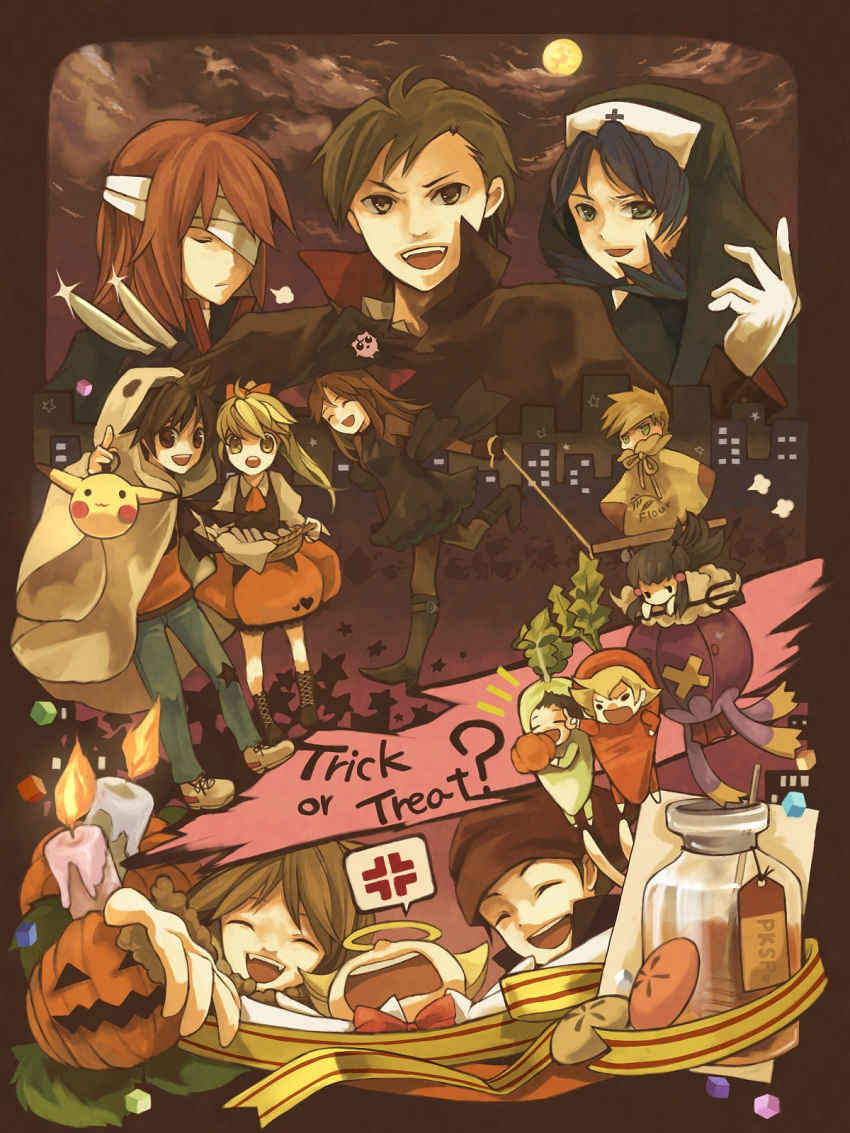 5girls 6+boys ^_^ alternate_costume anger_vein barry_(pokemon) blue_oak brendan_(pokemon) closed_eyes commentary_request dark dawn_(pokemon) drifblim emerald_(pokemon) english_text ethan_(pokemon) green_(pokemon) halloween highres jack-o'-lantern kris_(pokemon) lucas_(pokemon) may_(pokemon) multiple_boys multiple_girls nakoromo open_mouth pokemon pokemon_(creature) pokemon_adventures pumpkin red_(pokemon) smile trick_or_treat yellow_(pokemon)