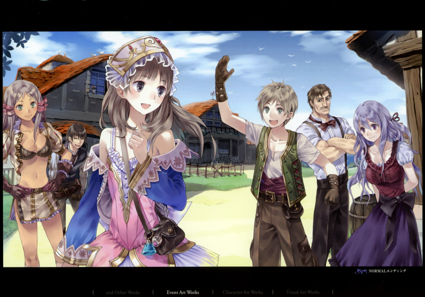 3boys 3girls arm_up atelier_(series) atelier_totori bag blue_sleeves bow breasts brown_eyes brown_hair cleavage closed_eyes crossed_arms dress flat_chest gerhard_konev gino_knab gloves green_eyes hair_ribbon hairband handbag kishida_mel long_hair medium_breasts mervia_siebel multiple_boys multiple_girls official_art pamela_ibiss pants peter_lietz purple_dress purple_eyes ribbon shirt skirt smile suspenders totooria_helmold tress_ribbon vest waist_bow