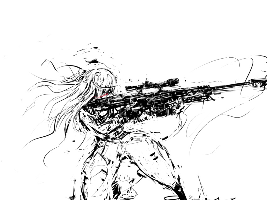 aiming bad_link baggy_pants female greyscale gun infinite_stratos laura_bodewig long_hair looking_through_scope merpperoni monochrome on_one_knee pants red_eyes rifle scope sniper_rifle solo spot_color weapon