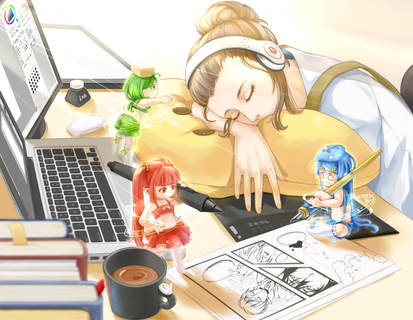 4girls blue_hair blush brown_hair chibi closed_eyes coffee commentary_request computer cup drawing drawing_tablet green_eyes green_hair hat headphones holding holding_pen holding_stylus inking j.w laptop long_hair monitor multiple_girls o_o open_mouth original painttool_sai pen photoshop_(medium) pillow red_eyes red_hair short_hair sitting sleeping smile stylus tears twintails