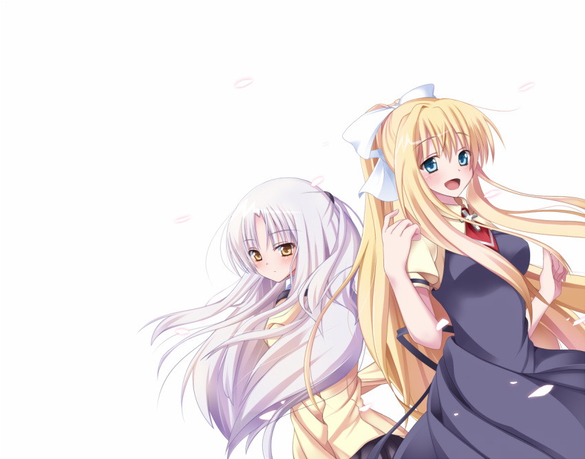 2girls air_(visual_novel) angel_beats! ascot blonde_hair blue_eyes blush commentary_request company_connection cross crossover dress hair_ribbon kamio_misuzu kaniya_shiku key_(company) long_hair multiple_girls open_mouth ribbon school_uniform skirt smile tachibana_kanade white_hair yellow_eyes