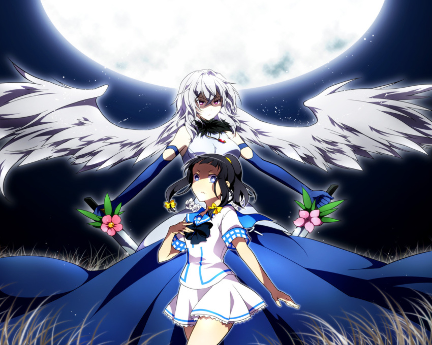 2girls black_hair blue_eyes bow breasts commentary_request dress dual_wielding engi_threepiece flower hairbow holding jewelry kounagi_yui lifegoeson medium_breasts multiple_girls necklace photoshop_(medium) ponytail purple_eyes school_uniform silver_hair skirt sword symbol-shaped_pupils weapon wings yumekui_merry