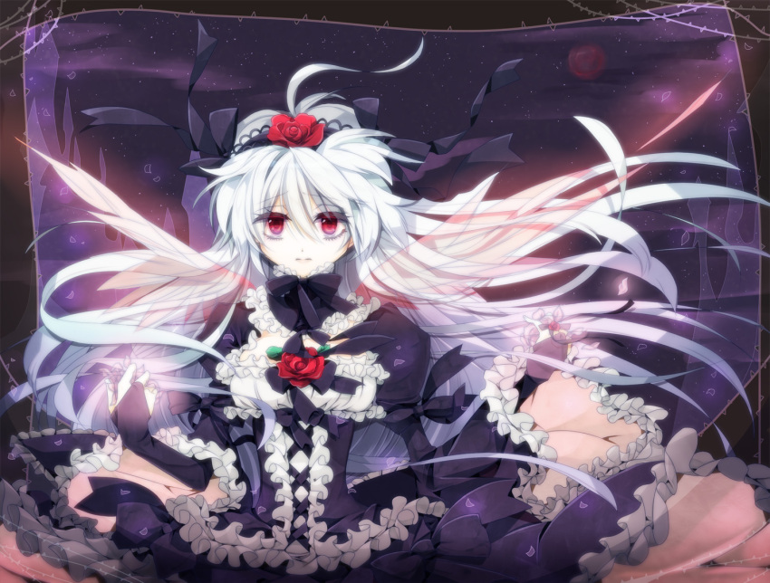 ankon_(artist) bad_id bad_pixiv_id feathers female flower frills gothic_lolita hairband lolita_fashion lolita_hairband long_hair photoshop_(medium) red_eyes rose rozen_maiden solo suigintou white_hair wings