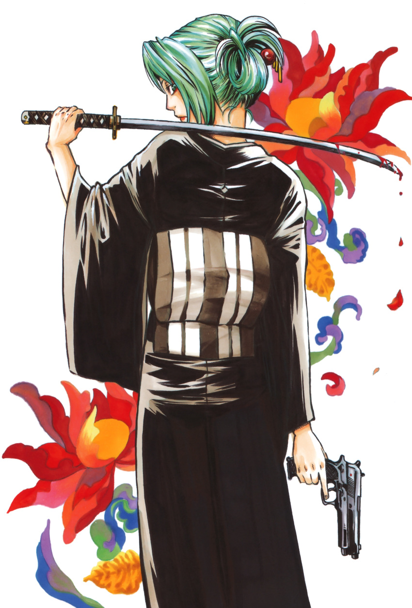 absurdres beretta_92 blood female flower from_behind green_eyes green_hair gun hair_up handgun highres higurashi_no_naku_koro_ni japanese_clothes katana kimono looking_back mimori obi over_shoulder sash scan solo sonozaki_shion sword sword_over_shoulder weapon weapon_over_shoulder white_background yoigoshi-hen