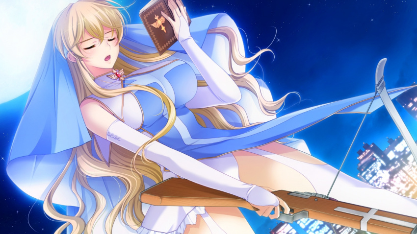 blonde_hair book breasts building closed_eyes female frill frills gakuen_taima game_cg hijirigaoka_lisa large_breasts legwear long_hair moon night open_mouth outdoors panties reading sky solo stocking thighhighs underwear weapon