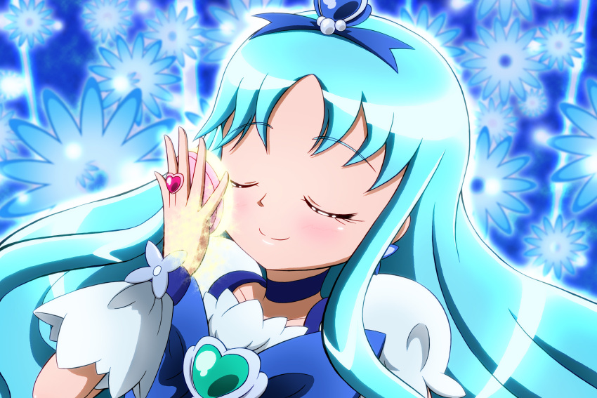 absurdres blue_background blue_choker blue_hair blue_theme brooch choker closed_eyes commentary_request cure_marine female floral_background flower heart heart_brooch heartcatch_precure! highres jewelry kiyu_(doremi's_party) kurumi_erika photoshop_(medium) precure ring smile smile_precure solo