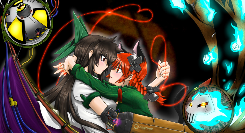 2girls alternate_weapon animal_ears aperture_laboratories arm_cannon arm_strap arms_around_neck black_hair bloodycat blouse blush bow braid brown_eyes cape cat_ears cat_tail chinese_commentary commentary_request crossover dress extra_ears eye_contact green_bow green_dress hair_ribbon hairbow heart heart_of_string highres hug kaenbyou_rin long_hair looking_at_another machine messy_hair miko_embrace multiple_crossover multiple_girls pointy_ears portal_(series) portal_1 profile red_eyes red_hair reiuji_utsuho ribbon shirt short_sleeves skull string string_of_fate tail third_eye touhou twin_braids upper_body weapon wings yuri