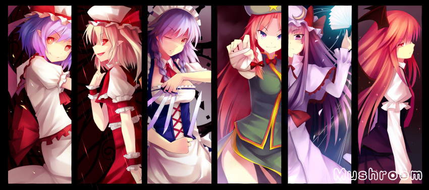 6+girls :d apron artist_name bad_id bad_pixiv_id bandages bat_wings capelet column_lineup dress flandre_scarlet frills hat head_wings highres hong_meiling izayoi_sakuya knife koakuma looking_at_viewer maid maid_headdress mob_cap multiple_girls mushroom_(artist) open_mouth patchouli_knowledge puffy_sleeves remilia_scarlet smile touhou underbust waist_apron wings