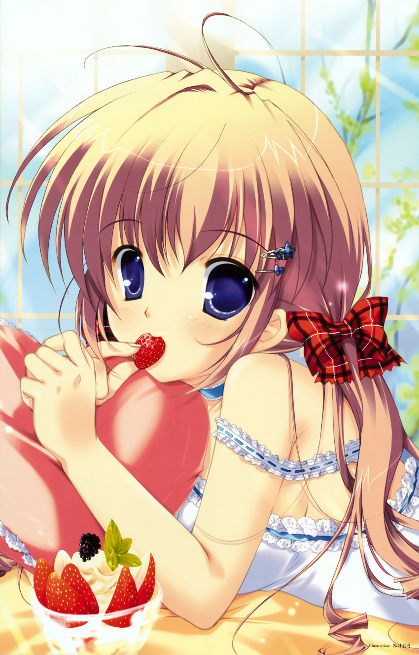 absurdres blackber blackberry_(fruit) blonde_hair blue_eyes bow copyright_request eating female food food_in_mouth fruit hair_ornament hairbow hairclip highres mikeou parfait pillow plaid plaid_bow strawberry window