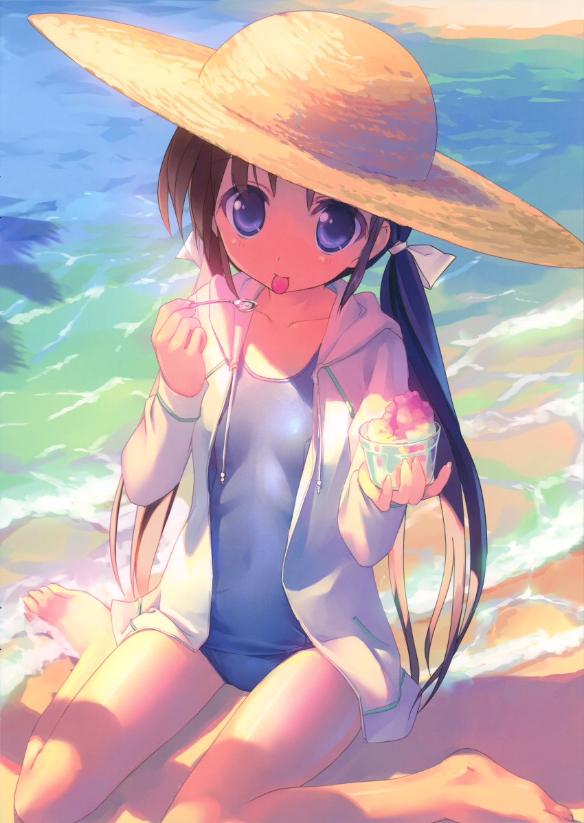 absurdres barefoot beach black_hair blue_eyes blue_one-piece_swimsuit collarbone female food hat highres holding holding_spoon hood hood_down hoodie long_hair mouth_hold one-piece_swimsuit open_clothes open_hoodie original paint.net_(medium) scan school_swimsuit shaved_ice sitting solo spoon sun_hat swimsuit swimsuit_under_clothes takoyaki_(roast) tongue tongue_out twintails wariza