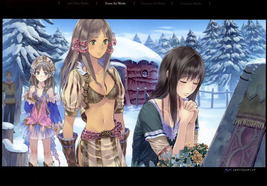 1boy 3girls atelier_(series) atelier_totori blue_sleeves breasts brown_eyes brown_hair cecilia_helmold cleavage closed_eyes flower gloves grave green_eyes guid_helmold hair_ribbon hairband kishida_mel long_hair medium_breasts mervia_siebel midriff multiple_girls navel official_art outdoors praying puff_and_slash_sleeves puffy_sleeves ribbon serious snow spoilers totooria_helmold tree tress_ribbon