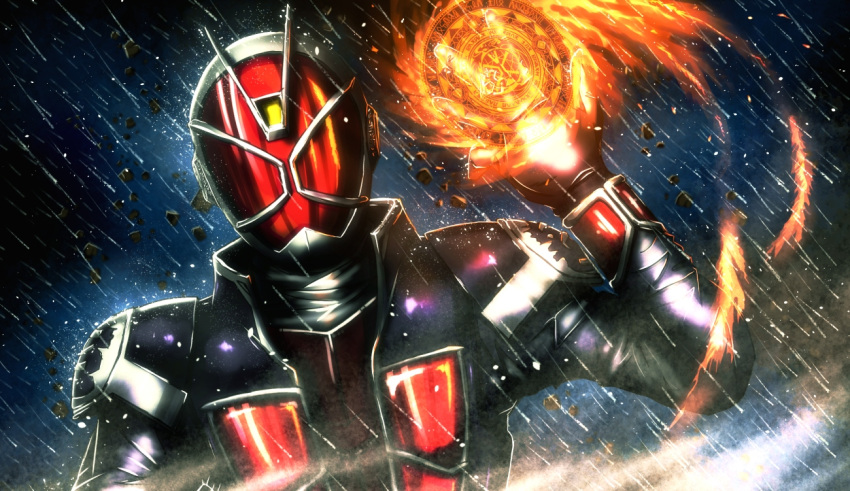 1boy armor belt commentary_request fire jewelry kamen_rider kamen_rider_wizard kamen_rider_wizard_(series) male_focus mask midorinocha rain ring solo