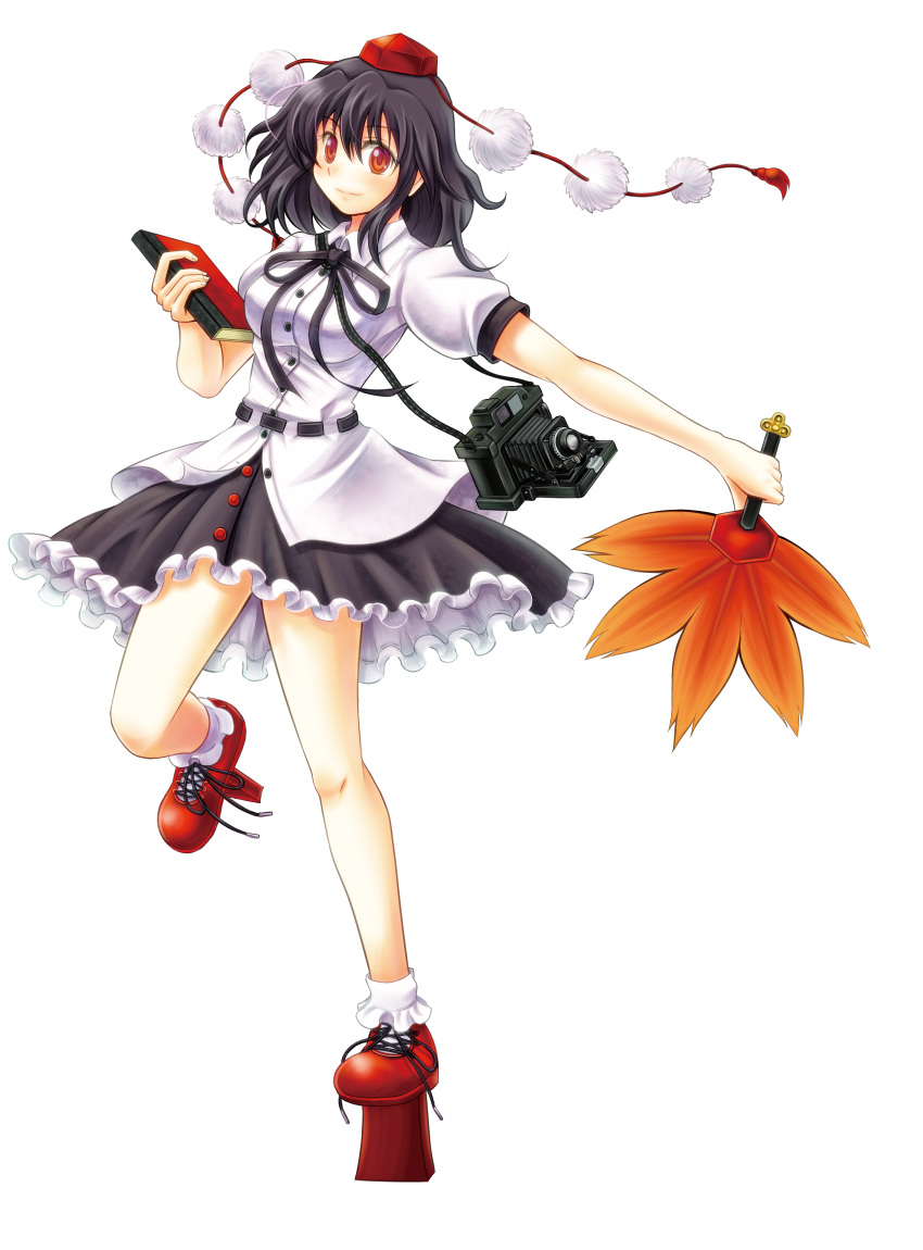 black_hair book camera commentary_request female full_body hand_fan hat hauchiwa highres looking_at_viewer orange_eyes puffy_sleeves qontamblue shameimaru_aya short_sleeves smile solo tokin_hat touhou transparent_background