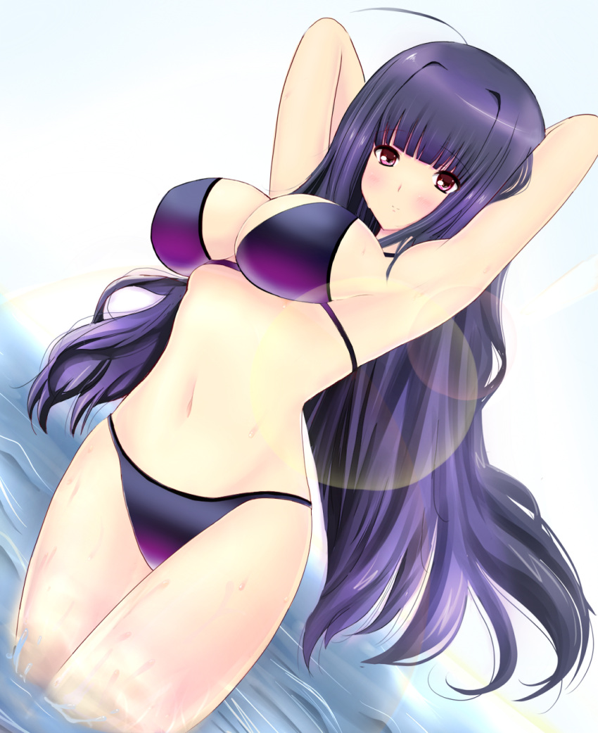 armpits arms_up bikini black_hair breasts commentary_request female highres large_breasts long_hair midori_(midorinnn) navel oda_raika papa_no_iu_koto_wo_kikinasai! red_eyes swimsuit