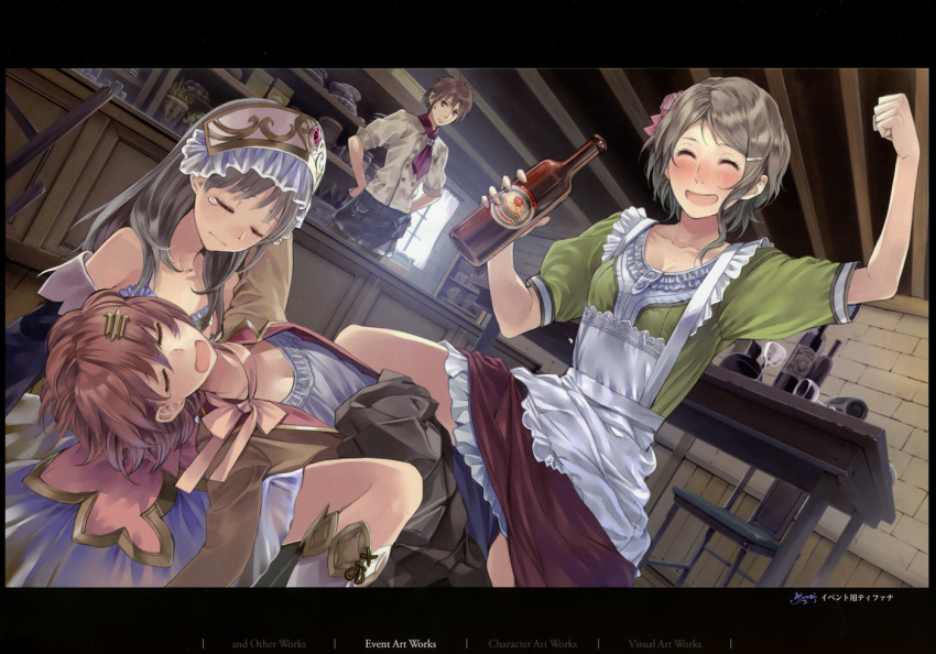 1boy 3girls :o apron arm_up atelier_(series) atelier_totori blush boots bottle brown_hair chair closed_eyes dress drunk filly_erhard hair_ornament hairclip happy iksel_jahnn indoors kishida_mel long_hair multiple_girls official_art short_hair table tears tiffani_hildebrand totooria_helmold