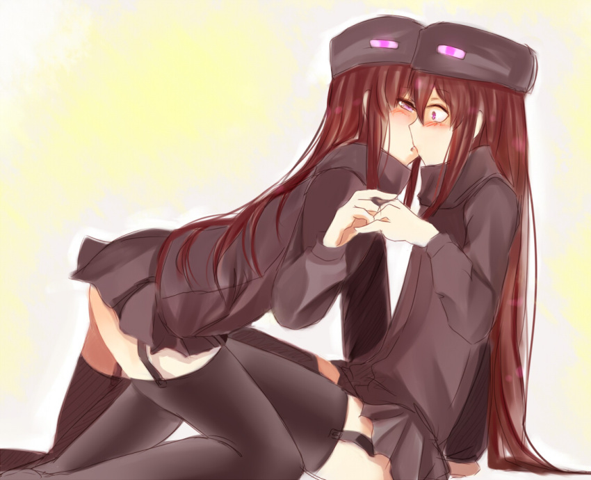 andr at2. blush brown_hair enderman kissing long_hair minecraft personification thighhighs yuri