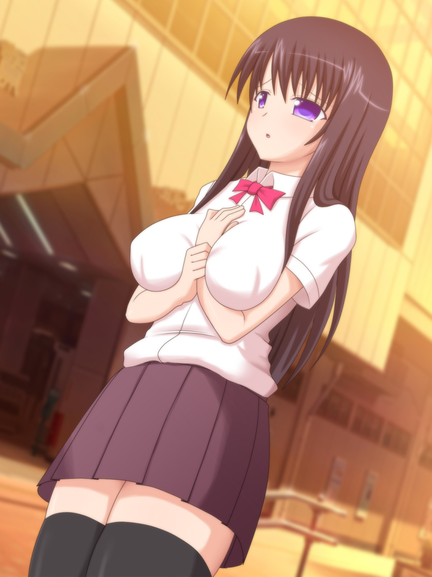 black_thunder breasts building highres long_hair original purple_eyes purple_hair school_uniform skirt socks solo