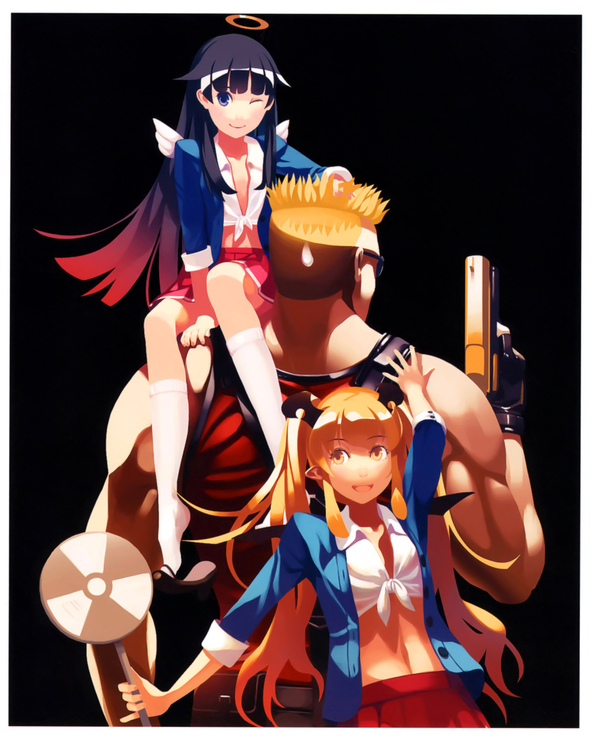 1boy 2girls :d ;) absurdres angel_wings arm_up black_gloves blonde_hair blunt_bangs duke_nukem duke_nukem_(series) duke_nukem_forever fingerless_gloves gloves golden_gun gun halo handgun highres horns kneehighs long_hair midriff multiple_girls muscular navel one_eye_closed open_mouth photoshop_(medium) pleated_skirt pointy_ears purple_eyes purple_hair scan shoe_dangle sitting_on_shoulder skirt smile socks sunglasses sweatdrop traditional_halo vofan weapon white_socks wings yellow_eyes